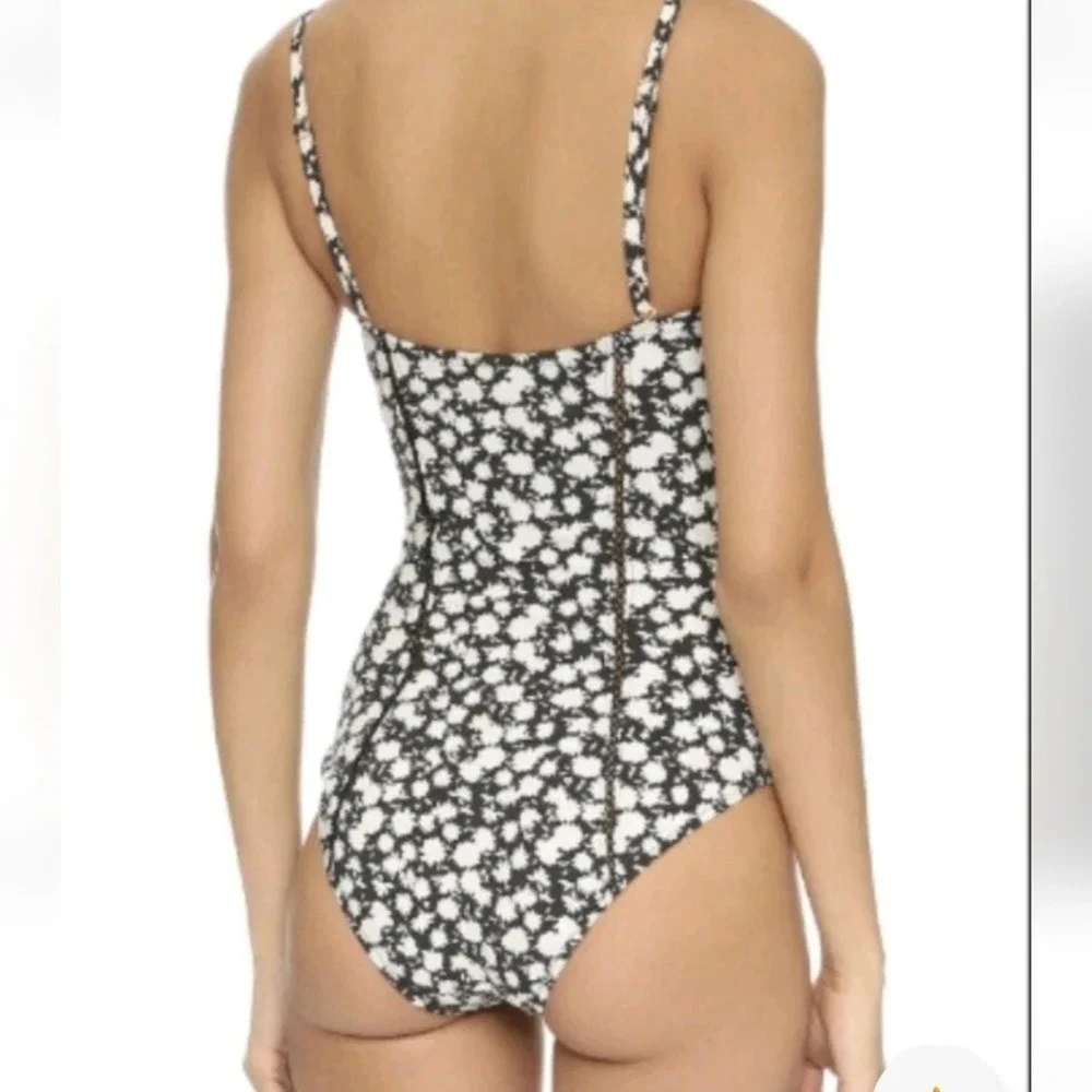 Tory Burch Floral One-Piece Black Cream Floral Swimsuit Sz M **No Straps**